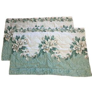 Vintage King Pillow Shams Set Of 2 Magnolia Flowers Green White Cottage 1990s